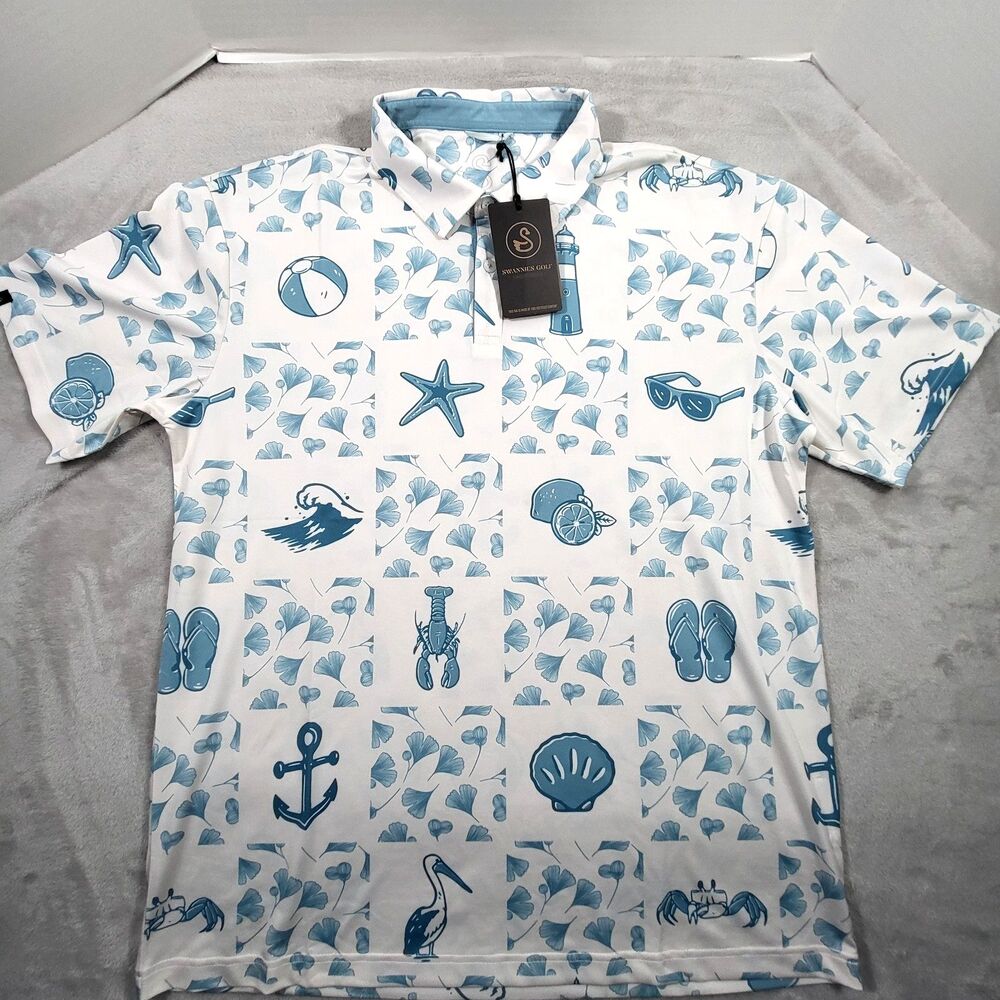 Swannies Golf Polo Mens Large White Blue Beach Lobster Anchor Coastal Print NWT